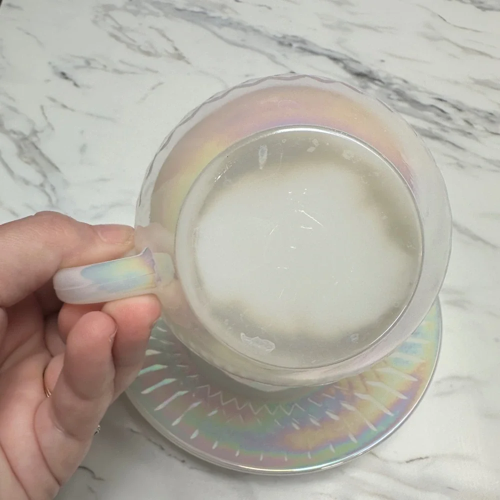 Vintage Federal Glass Moonglow Iridescent Tea Cup Saucer Set Princess Party
